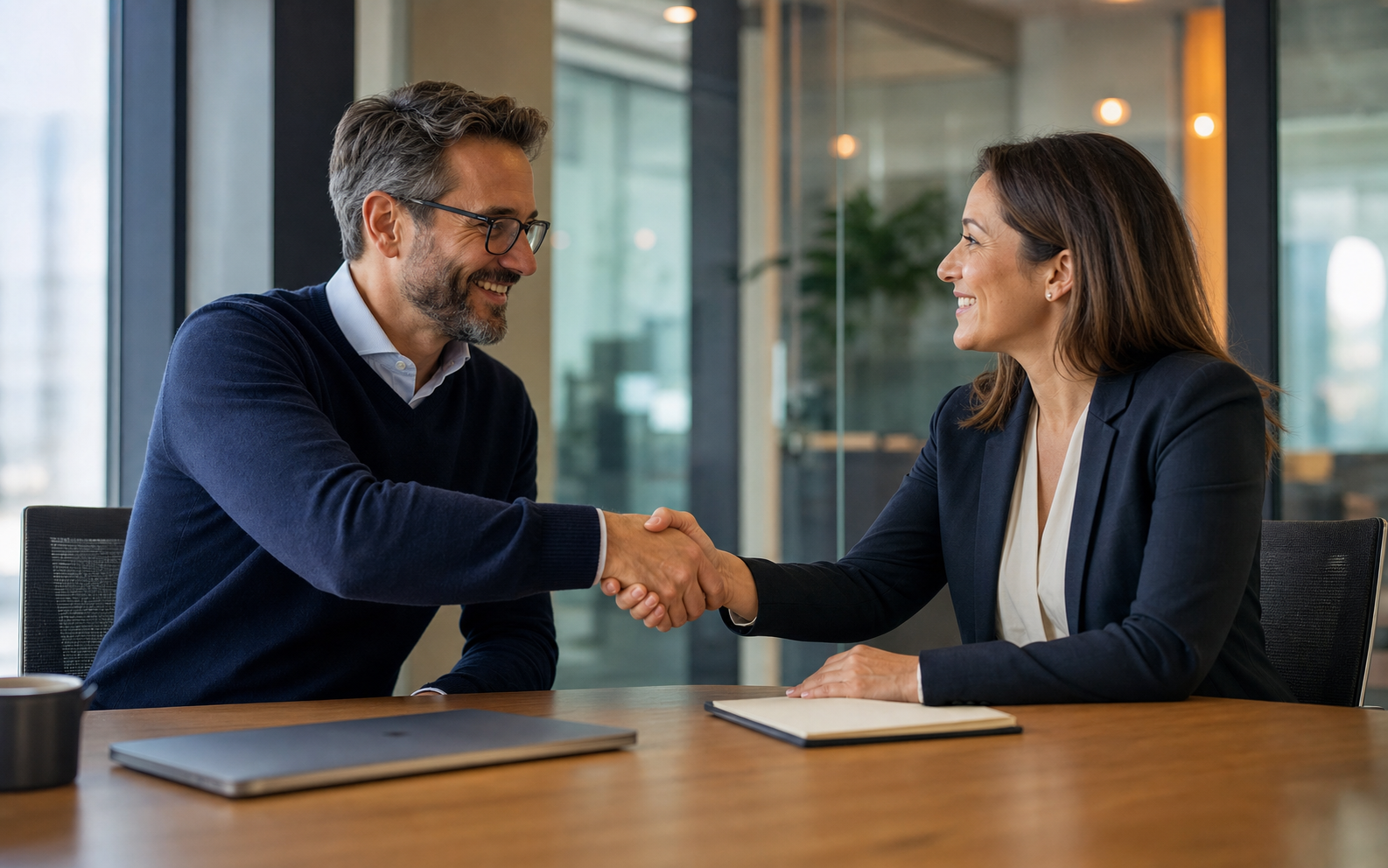 A candidate and hiring leader shake hands after a successful interview