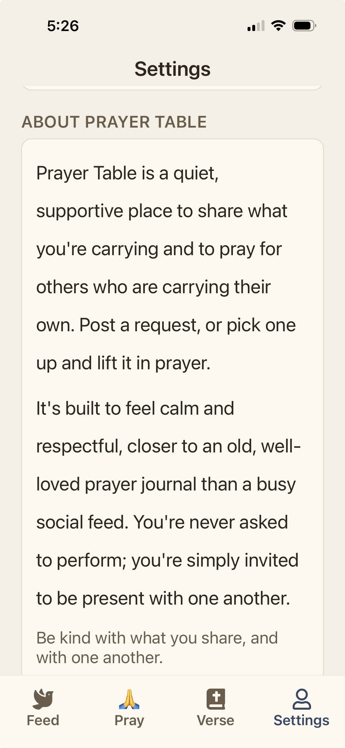 About Prayer Table in Settings