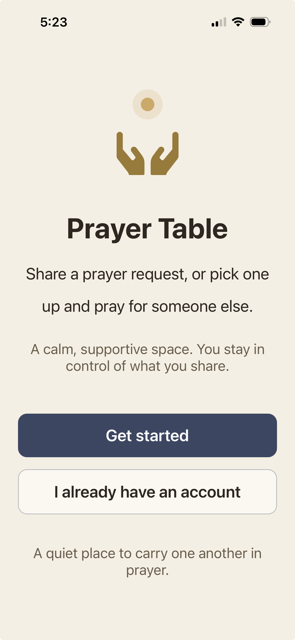 Prayer Table welcome screen