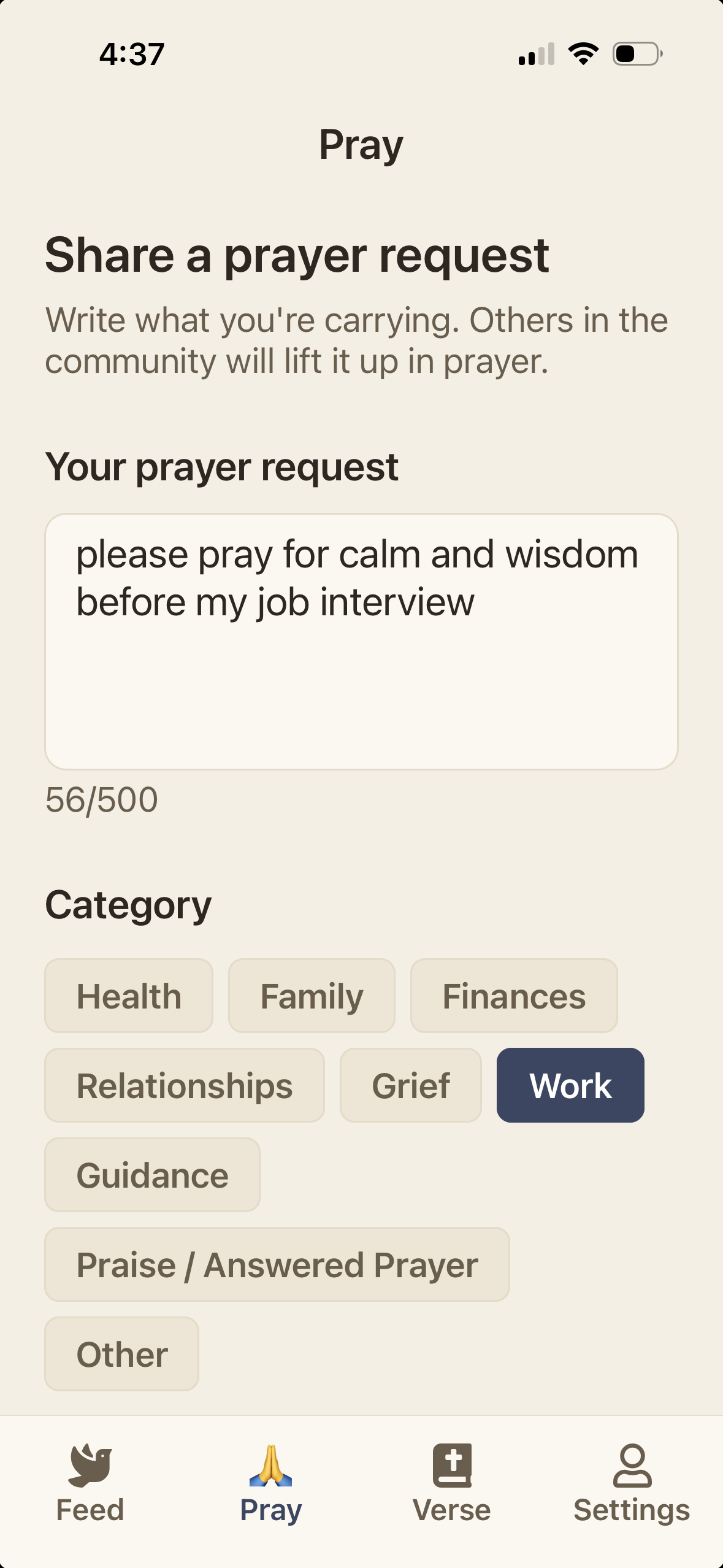 Create a prayer request in the Praying For You Community app