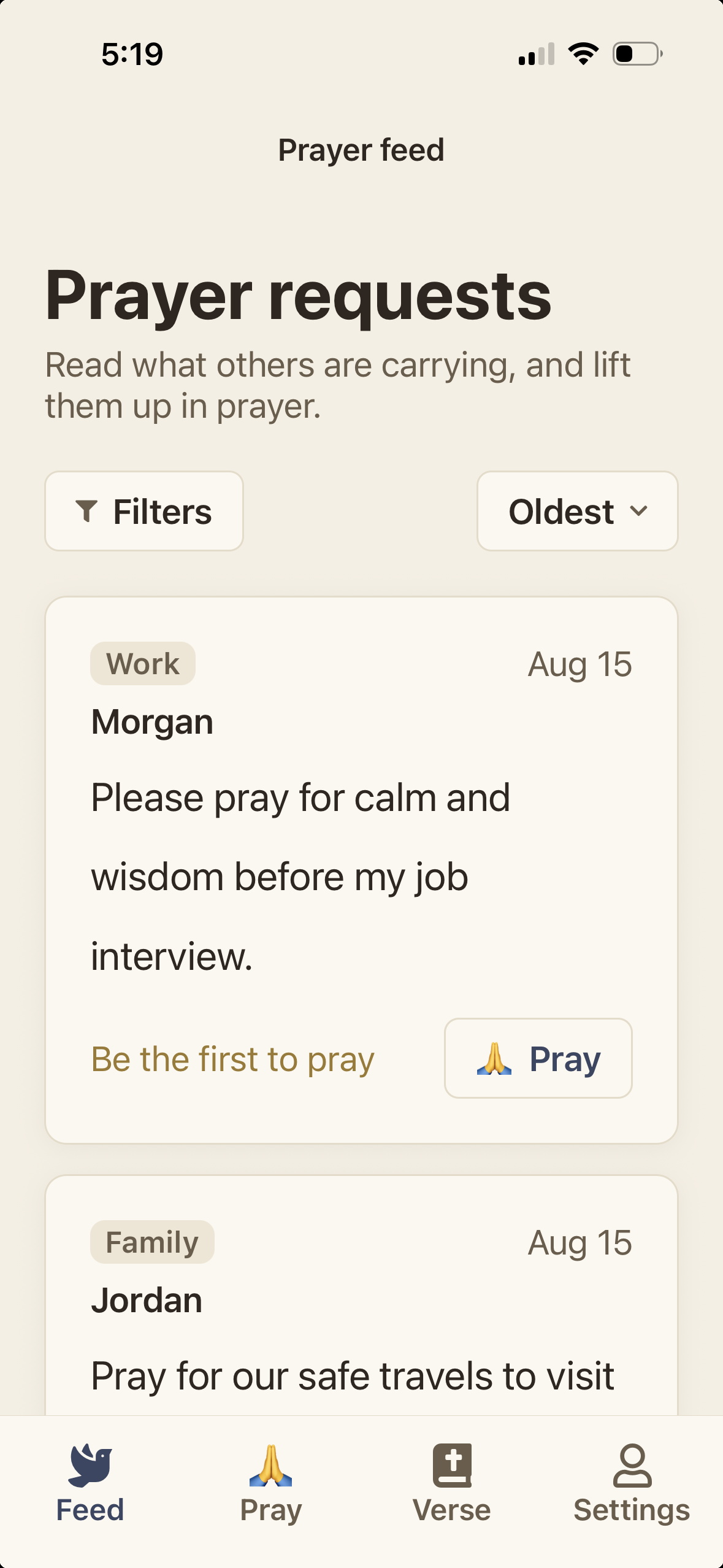 Shared prayer feed in the Praying For You Community app