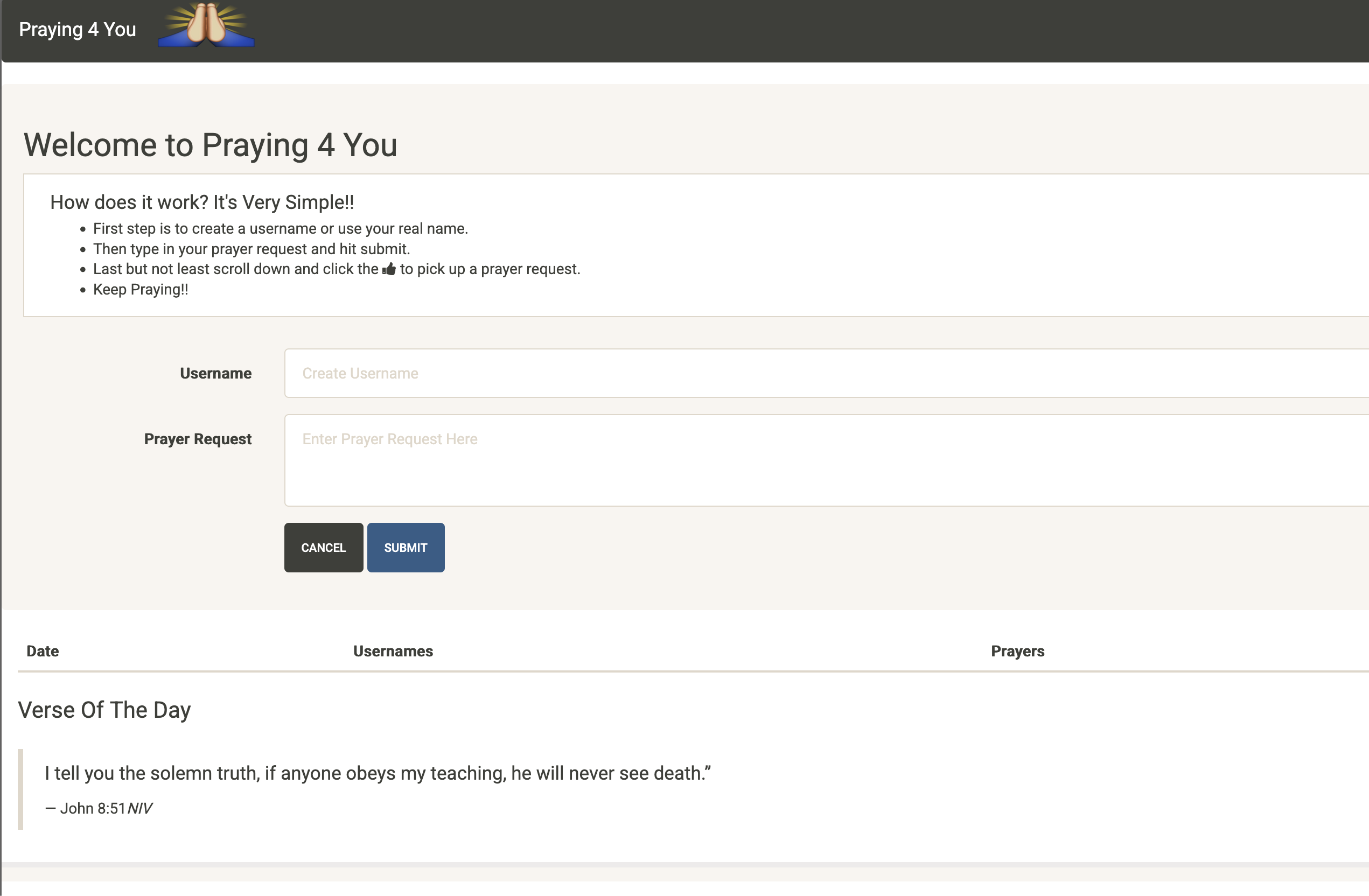 Original Praying For You JavaScript web application