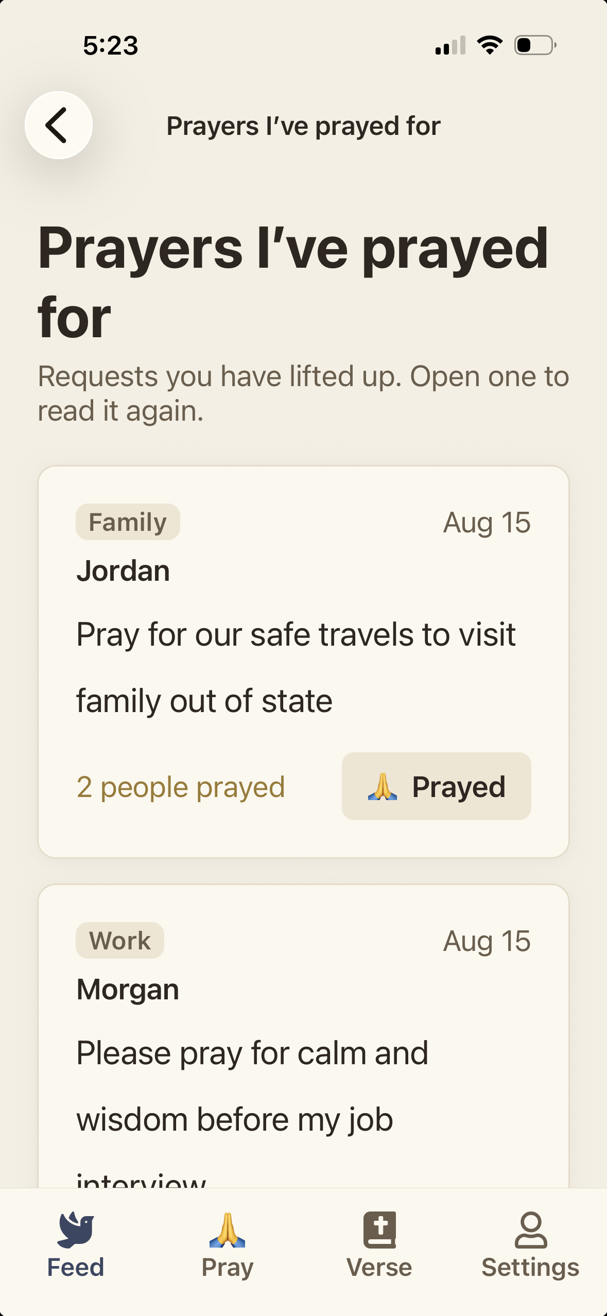 Prayers prayed for